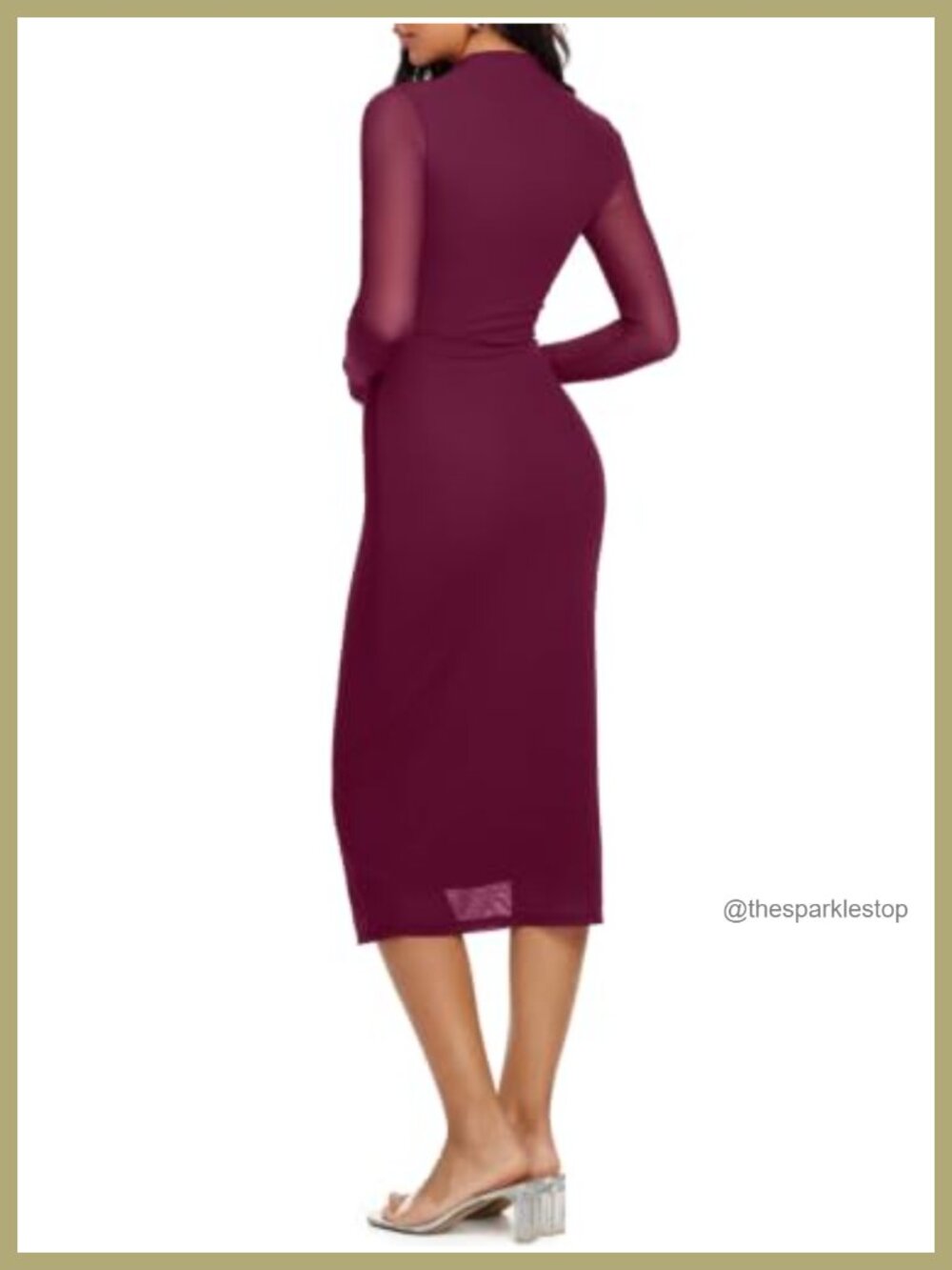 Mesh Sheer Long Sleeve Bodycon Midi Dress, Mock Neck Wedding Guest Cocktail - Picture 3 of 6